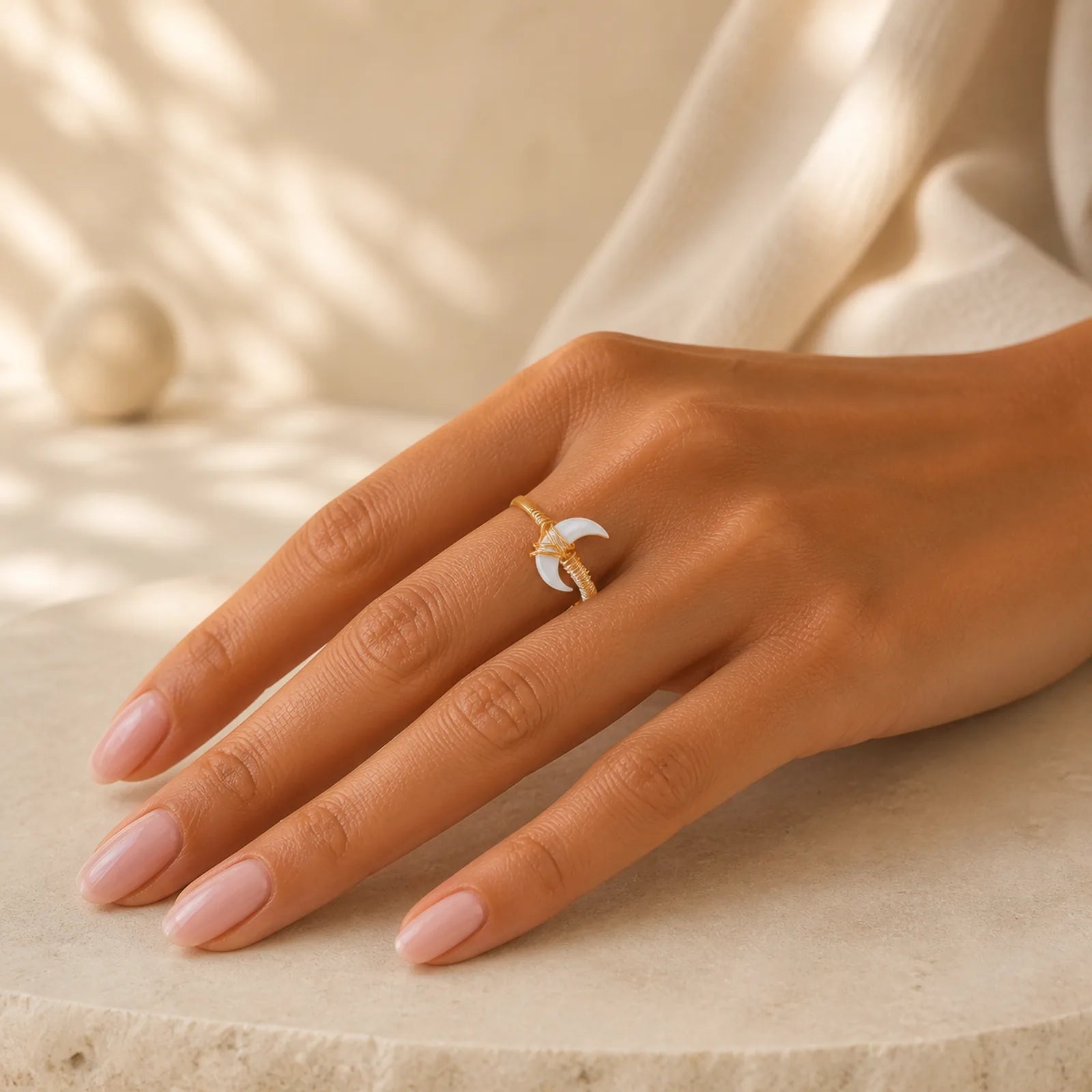 Natural Tridacna Stone Moon 14K Gold Blessing Ring (Extra 30% Off | USE CODE: FS30) featuring Tridacna Stone