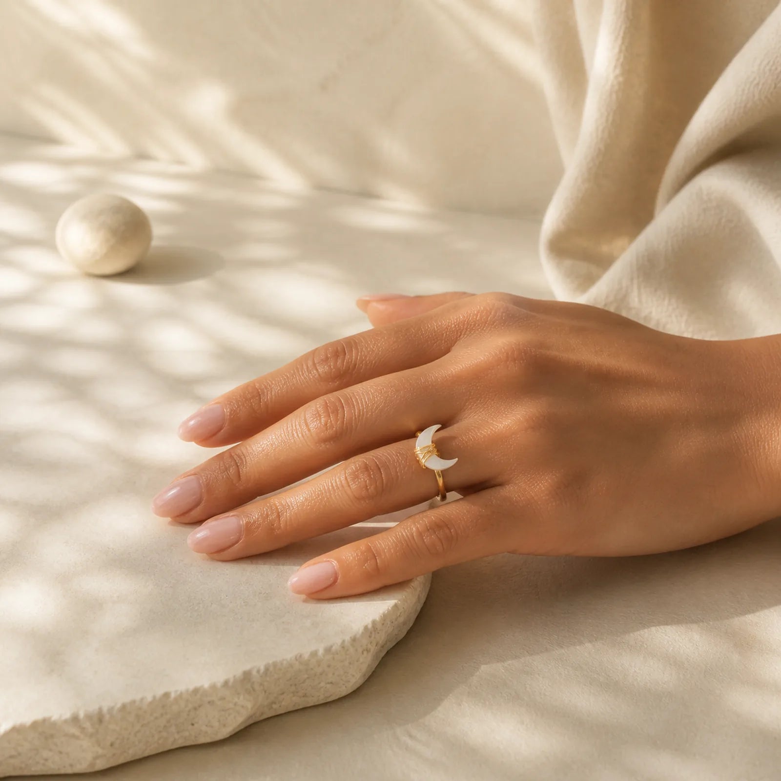 Natural Tridacna Stone Moon 14K Gold Blessing Ring (Extra 30% Off | USE CODE: FS30) featuring Tridacna Stone