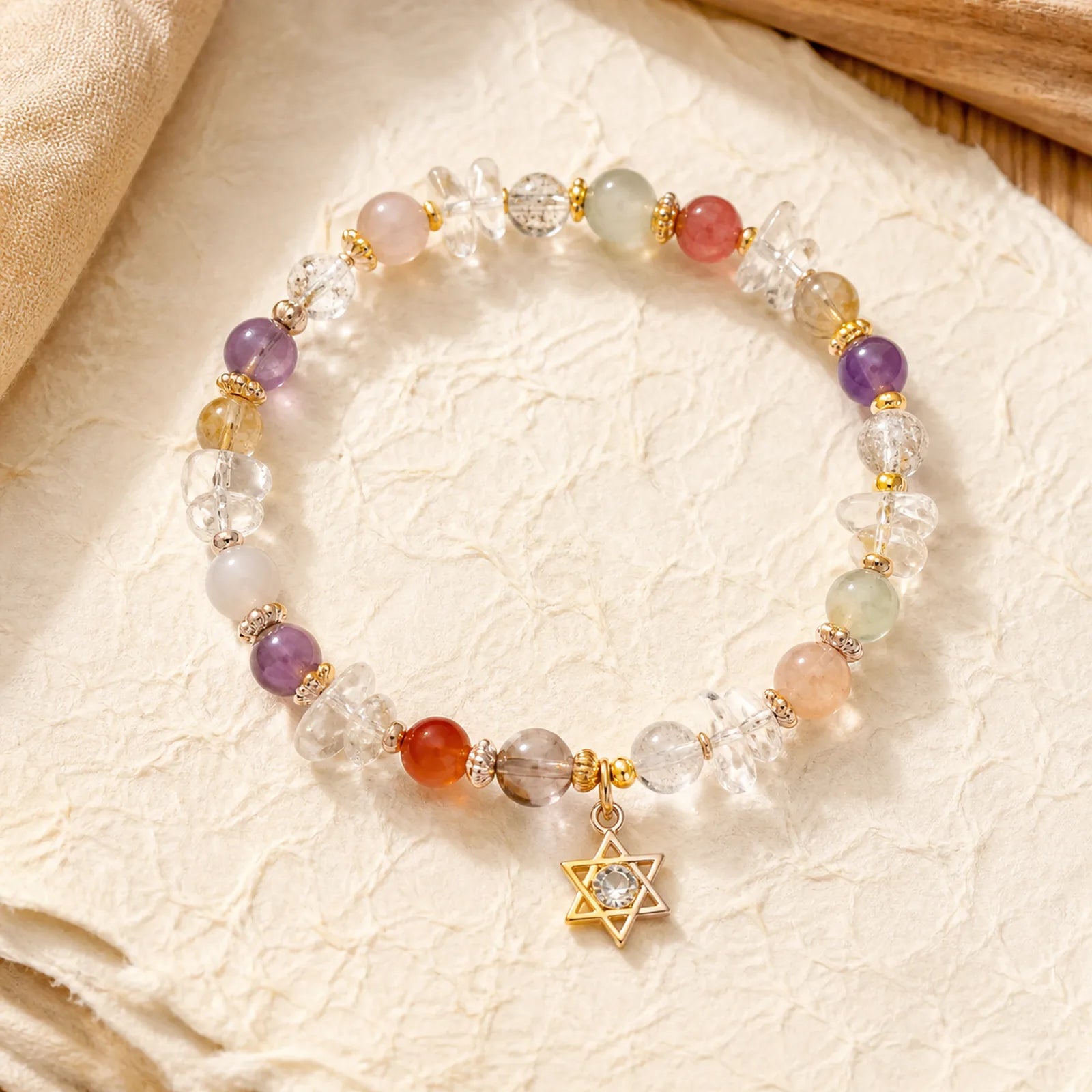 Natural Various Crystal Clear Quartz Zircon Hexagram Charm Healing Bracelet featuring Clear Quartz / White Crystal, Red Agate, Amethyst