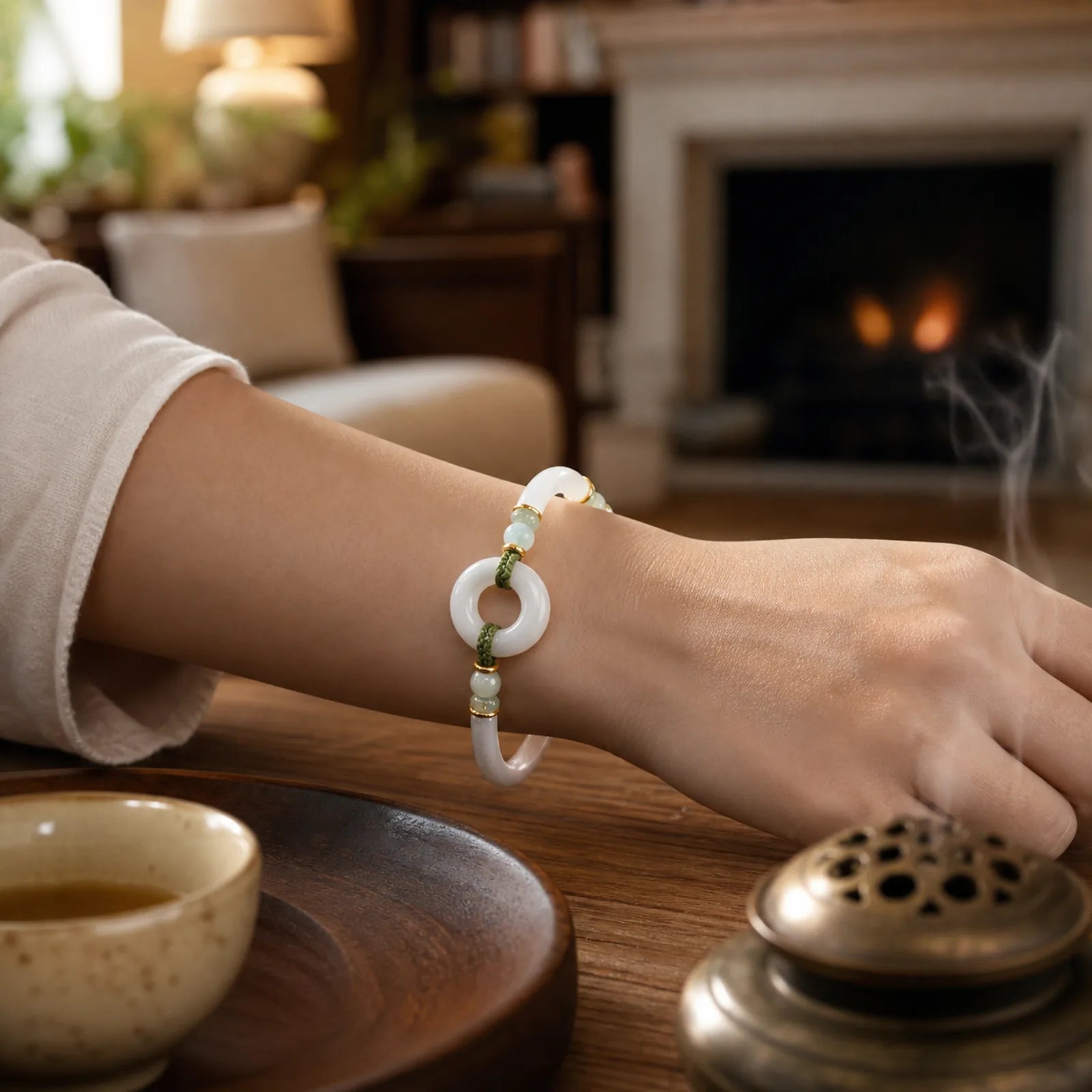 Natural White Agate Hetian Jade Beads Interlocking Positive Bracelet Bangle featuring White Agate, Jade, White Stone