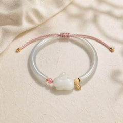 Natural White Agate Hetian Jade Rabbit Positive Bracelet Bangle featuring White Agate, Jade, White Stone