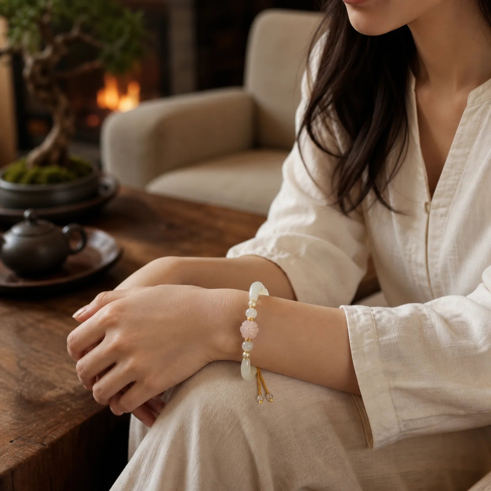 Natural White Agate Lotus Hetian Jade Beads Positive Bracelet Bangle featuring White Agate, Lotus, Jade