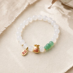 Natural White Agate Red Agate Money Bag Fu Character Four Leaf Clover Protection Bracelet featuring White Agate, Red Agate, Fu Character