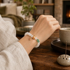 Natural White Agate Red Agate Money Bag Fu Character Four Leaf Clover Protection Bracelet featuring White Agate, Red Agate, Fu Character
