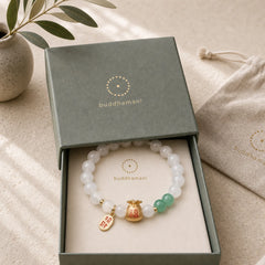 Natural White Agate Red Agate Money Bag Fu Character Four Leaf Clover Protection Bracelet featuring White Agate, Red Agate, Fu Character