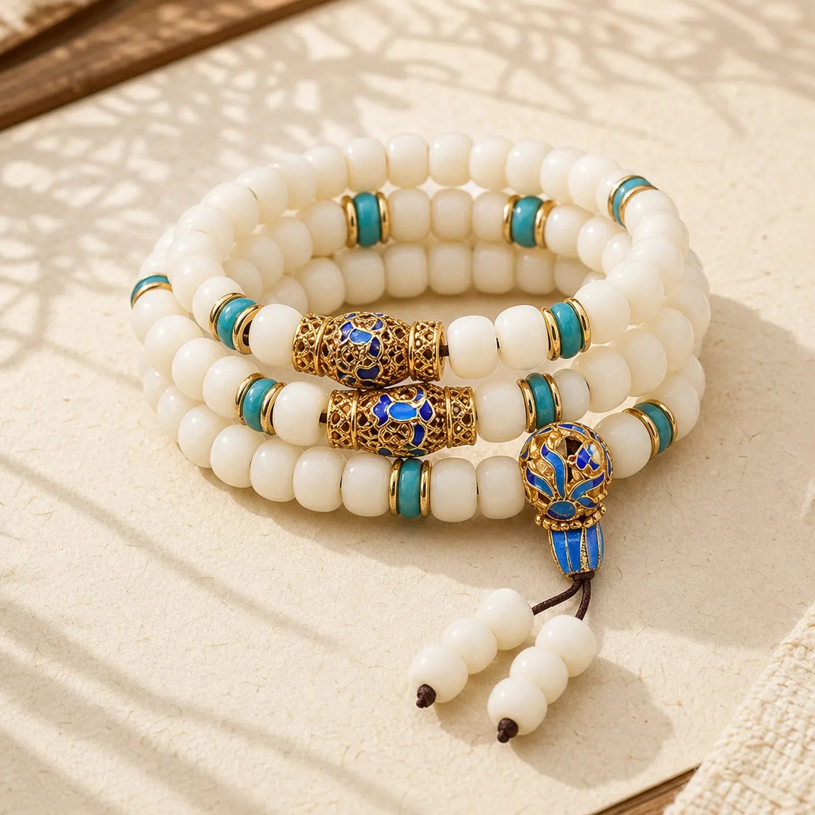 Natural White Bodhi Seed Mala 108 Beads Wealth Bracelet featuring Bodhi Seed, Jade
