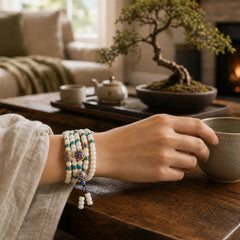 Natural White Bodhi Seed Mala 108 Beads Wealth Bracelet featuring Bodhi Seed, Jade