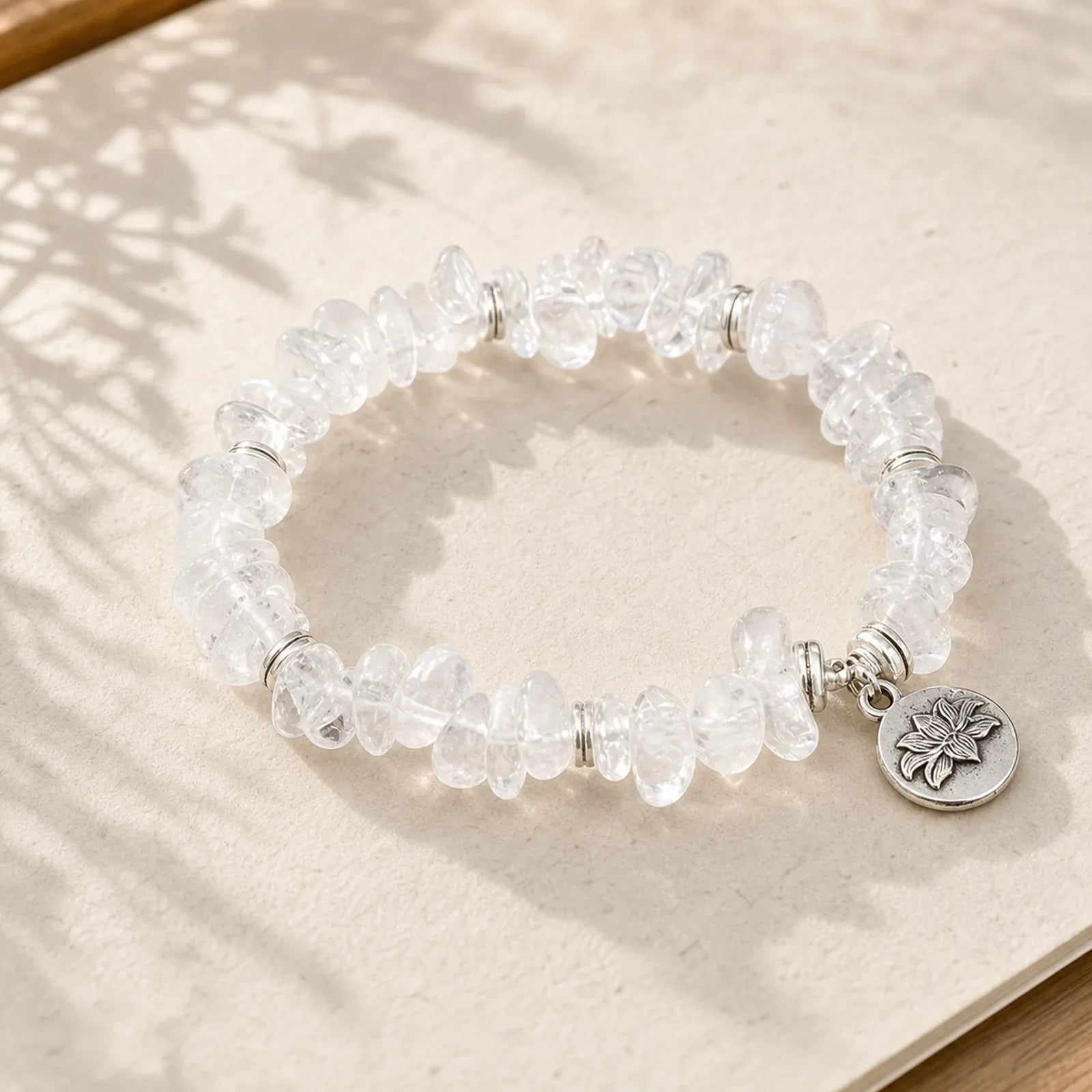 Natural White Crystal Lotus Healing Bracelet featuring Clear Quartz / White Crystal, Lotus, Lotus Symbol