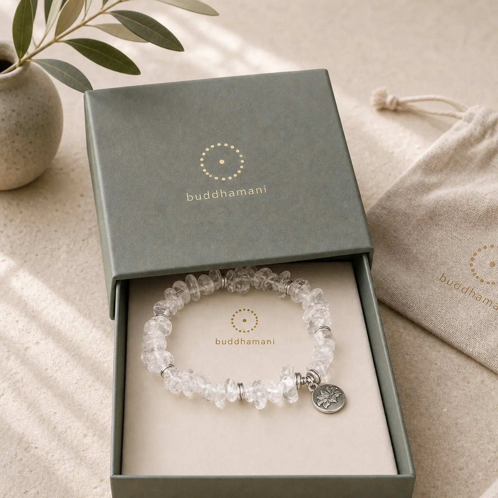 Natural White Crystal Lotus Healing Bracelet featuring Clear Quartz / White Crystal, Lotus, Lotus Symbol