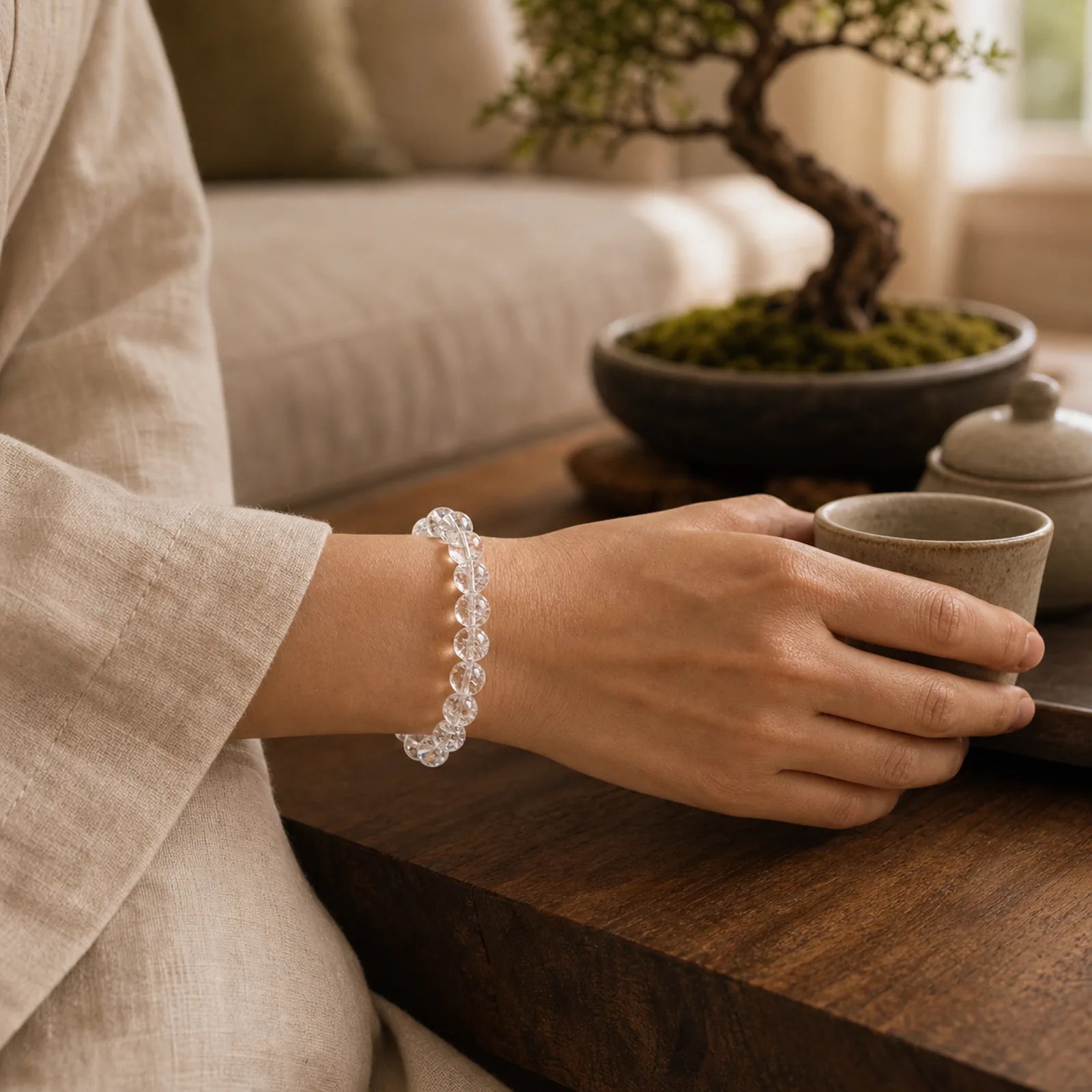 Natural White Crystal Protection Healing Bracelet featuring Clear Quartz / White Crystal