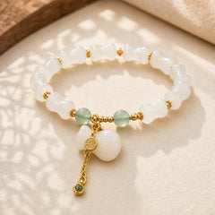 Natural White Golden Silk Jade Bamboo Pattern Wealth Lucky Bag Fu Character Bracelet featuring Golden Silk Jade, Bamboo, Fu Character