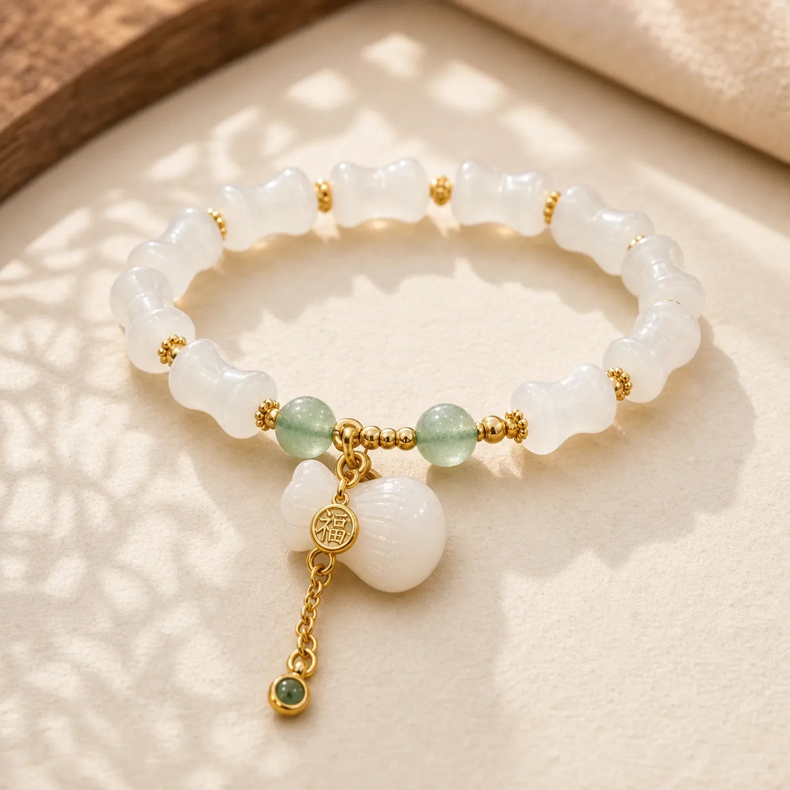 Natural White Golden Silk Jade Bamboo Pattern Wealth Lucky Bag Fu Character Bracelet featuring Golden Silk Jade, Bamboo, Fu Character