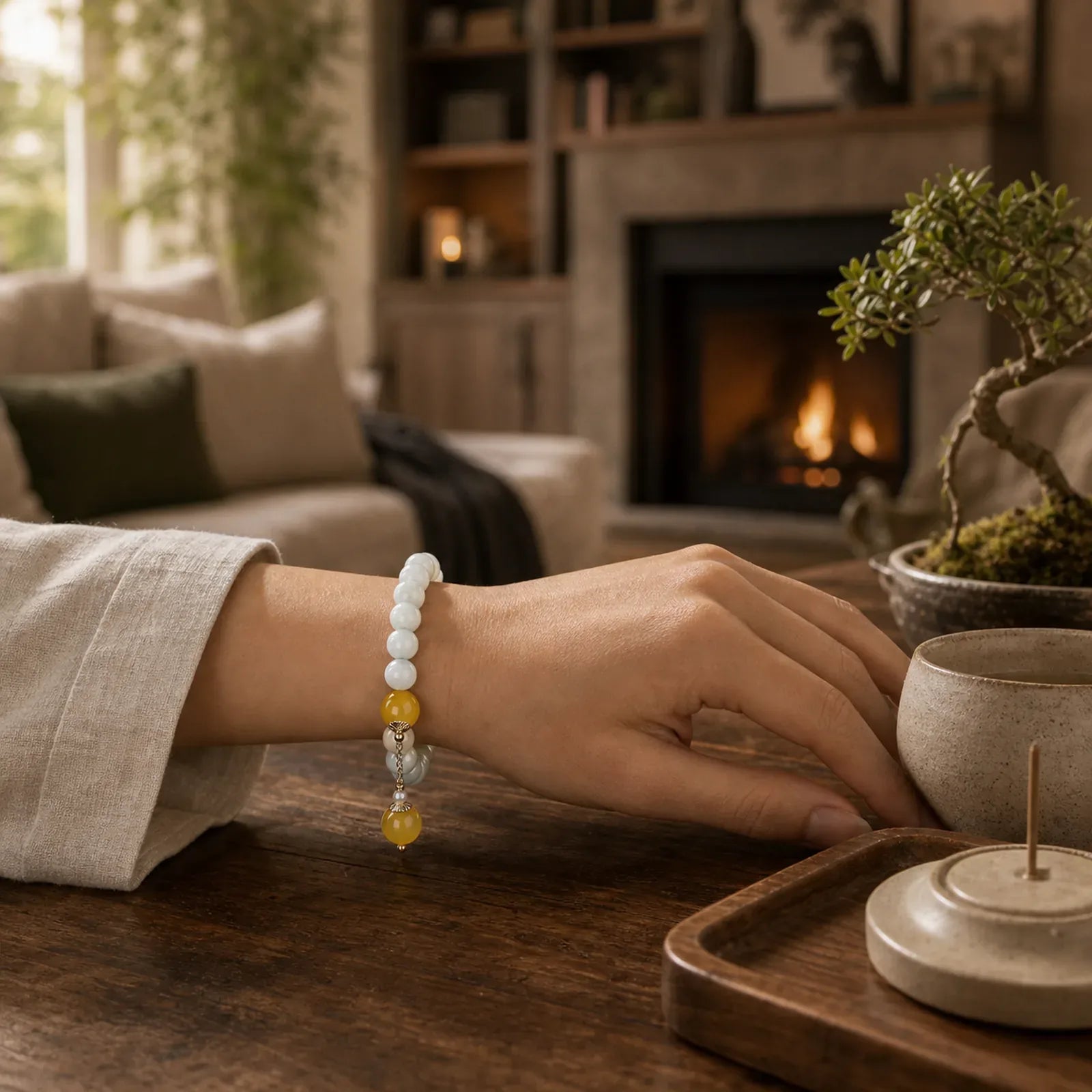 Natural White Jade Agate Protection Bracelet featuring White Jade, Jade, Yellow Agate