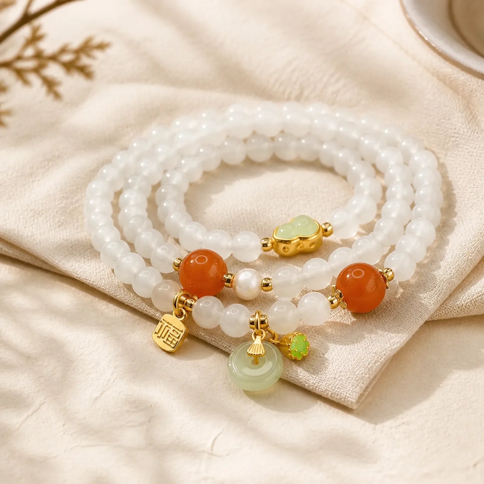 Natural White Jade Multi-layer Gourd Peace Buckle Fu Character Luck Bracelet featuring White Jade, Peace Buckle, Fu Character