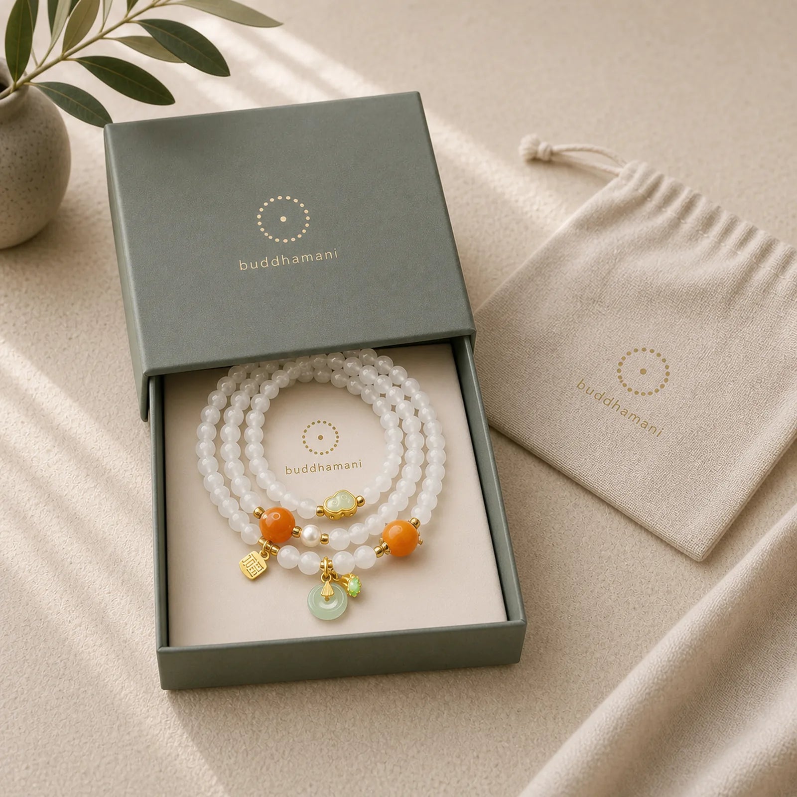 Natural White Jade Multi-layer Gourd Peace Buckle Fu Character Luck Bracelet featuring White Jade, Peace Buckle, Fu Character