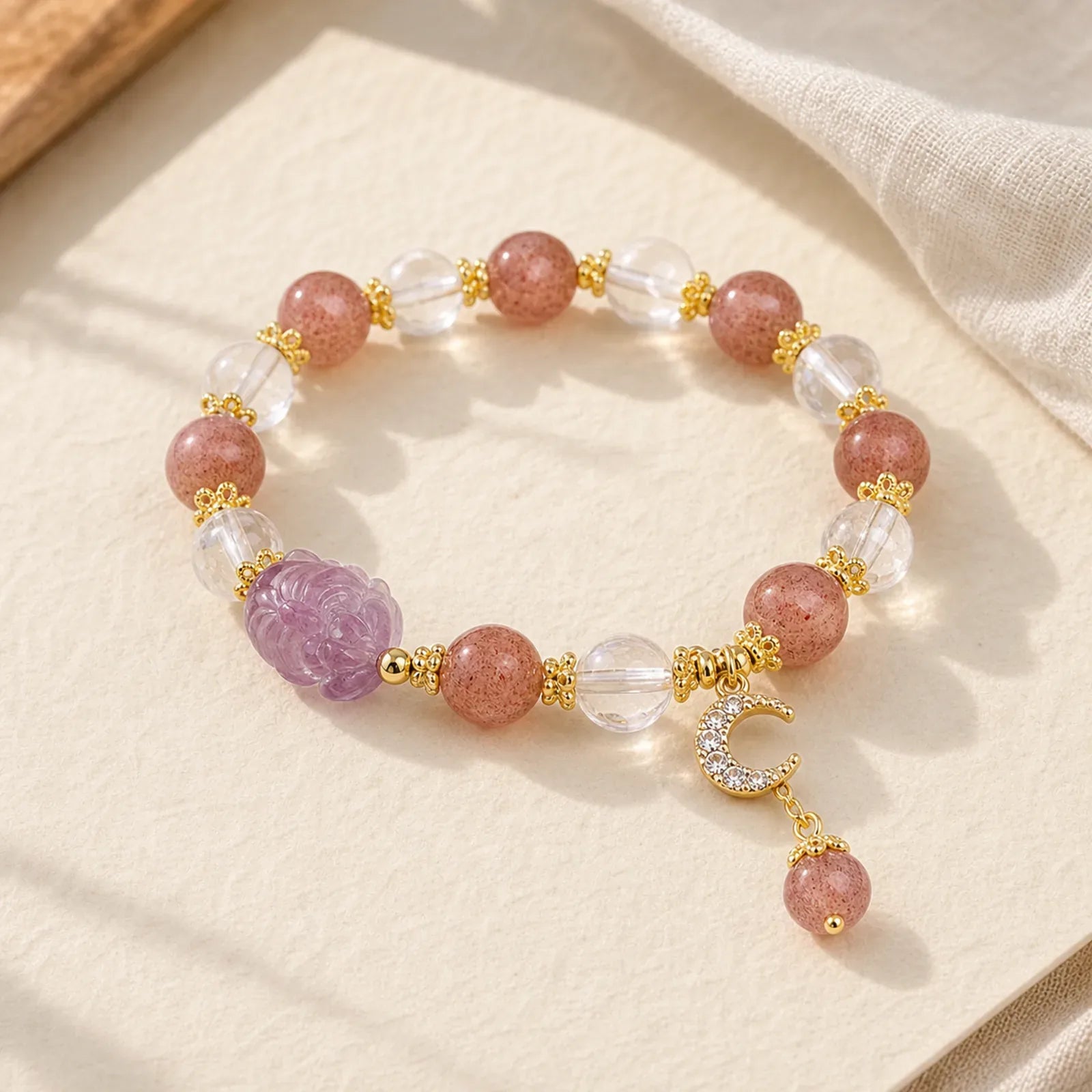 Natural White Strawberry Quartz Crystal Healing Love Nine Tailed Fox Moon Pendant Bracelet featuring Strawberry Quartz, Nine-Tailed Fox