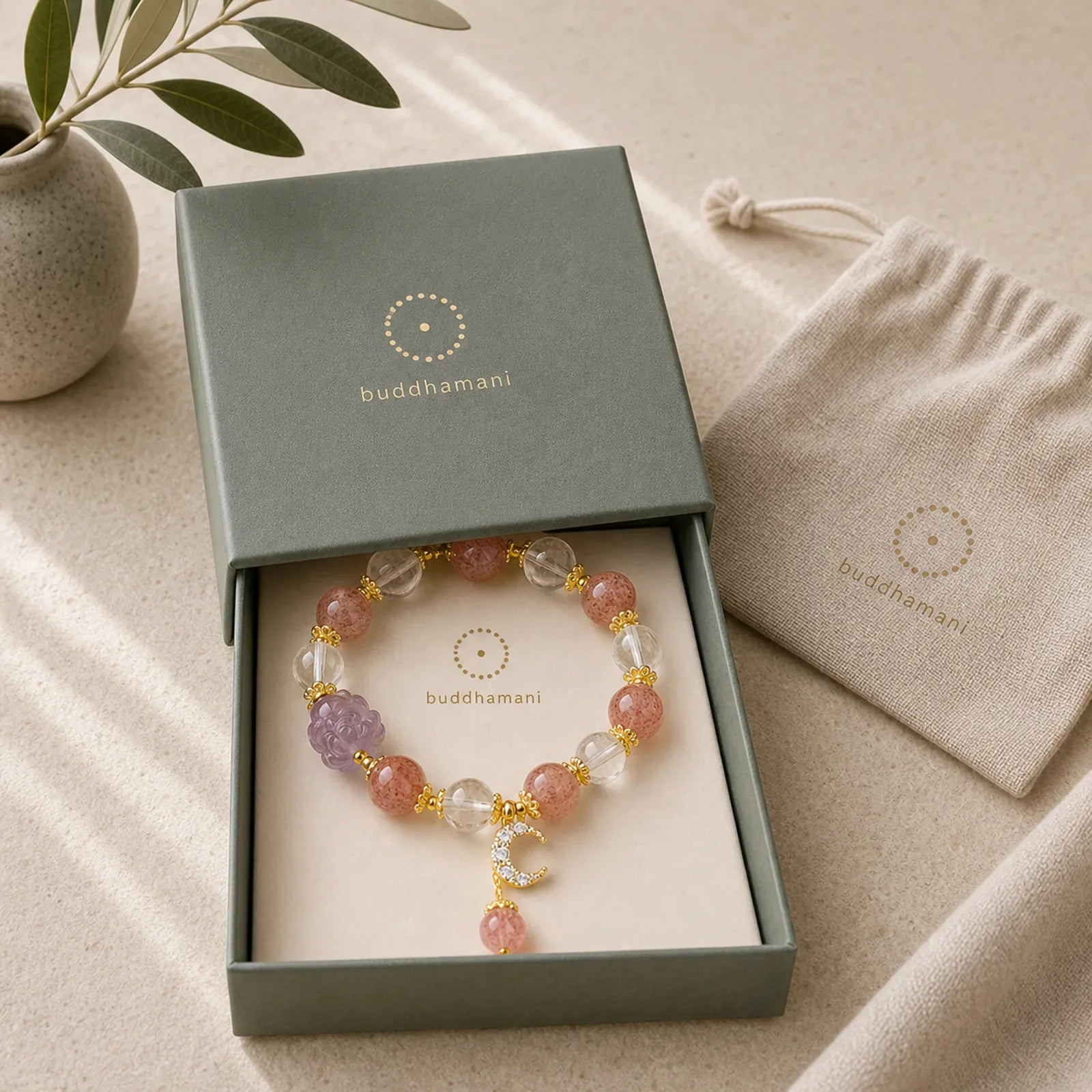 Natural White Strawberry Quartz Crystal Healing Love Nine Tailed Fox Moon Pendant Bracelet featuring Strawberry Quartz, Nine-Tailed Fox
