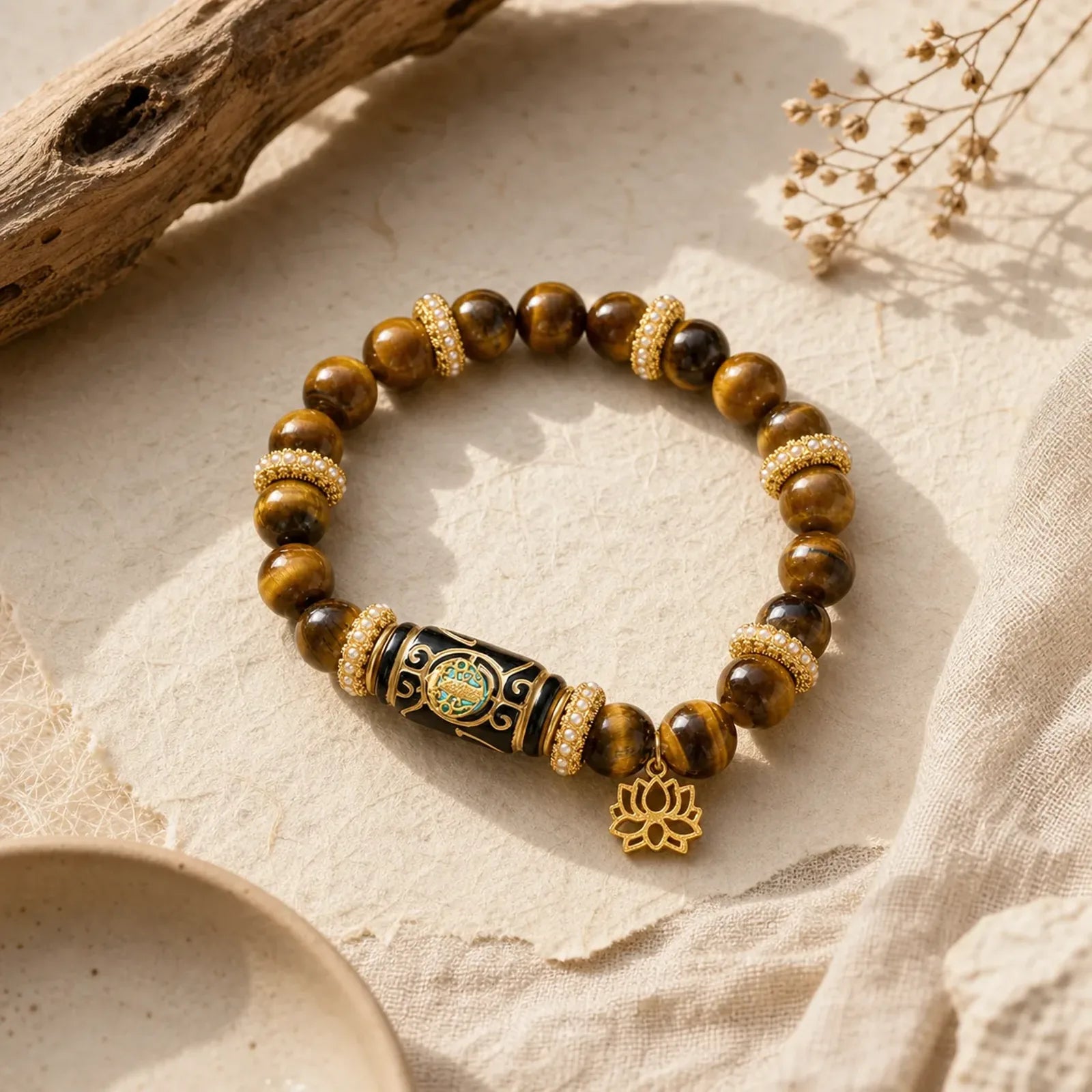 Natural Yellow Tiger Eye Resin Barrel Bead Lotus Pendant Confidence Round Bead Bracelet featuring Tiger Eye, Lotus, Lotus Symbol