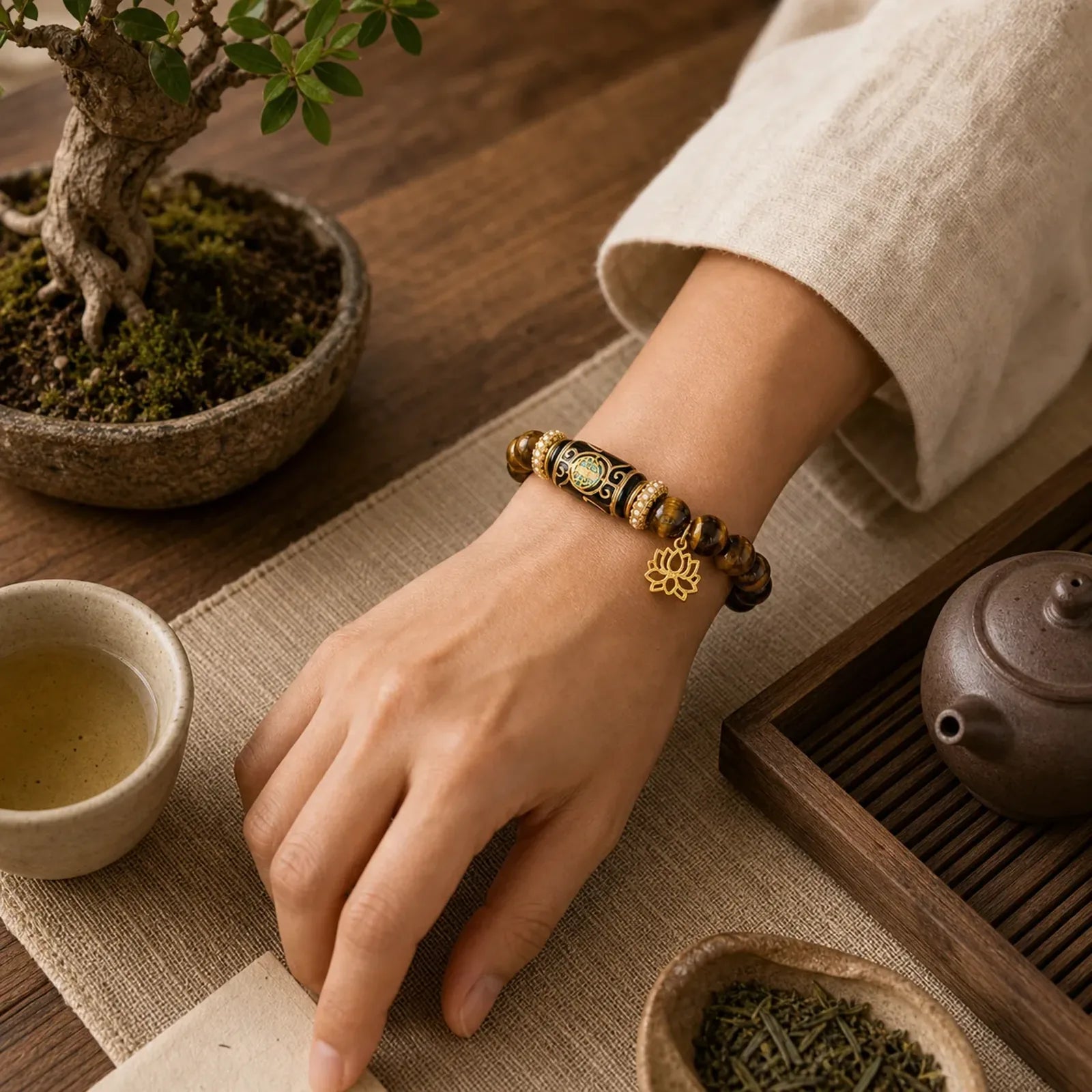 Natural Yellow Tiger Eye Resin Barrel Bead Lotus Pendant Confidence Round Bead Bracelet featuring Tiger Eye, Lotus, Lotus Symbol