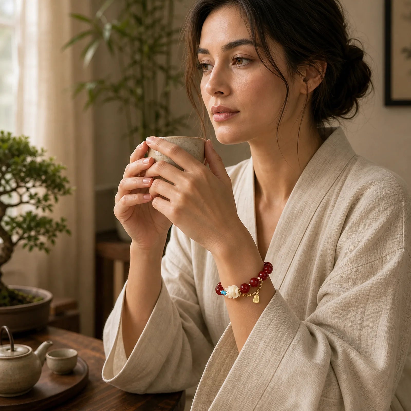 Nine Tailed Fox Joy Red Agate Ivory Fruit Copper Plated Gold Confidence Bracelet featuring Nine-Tailed Fox, Red Agate, Ivory Fruit