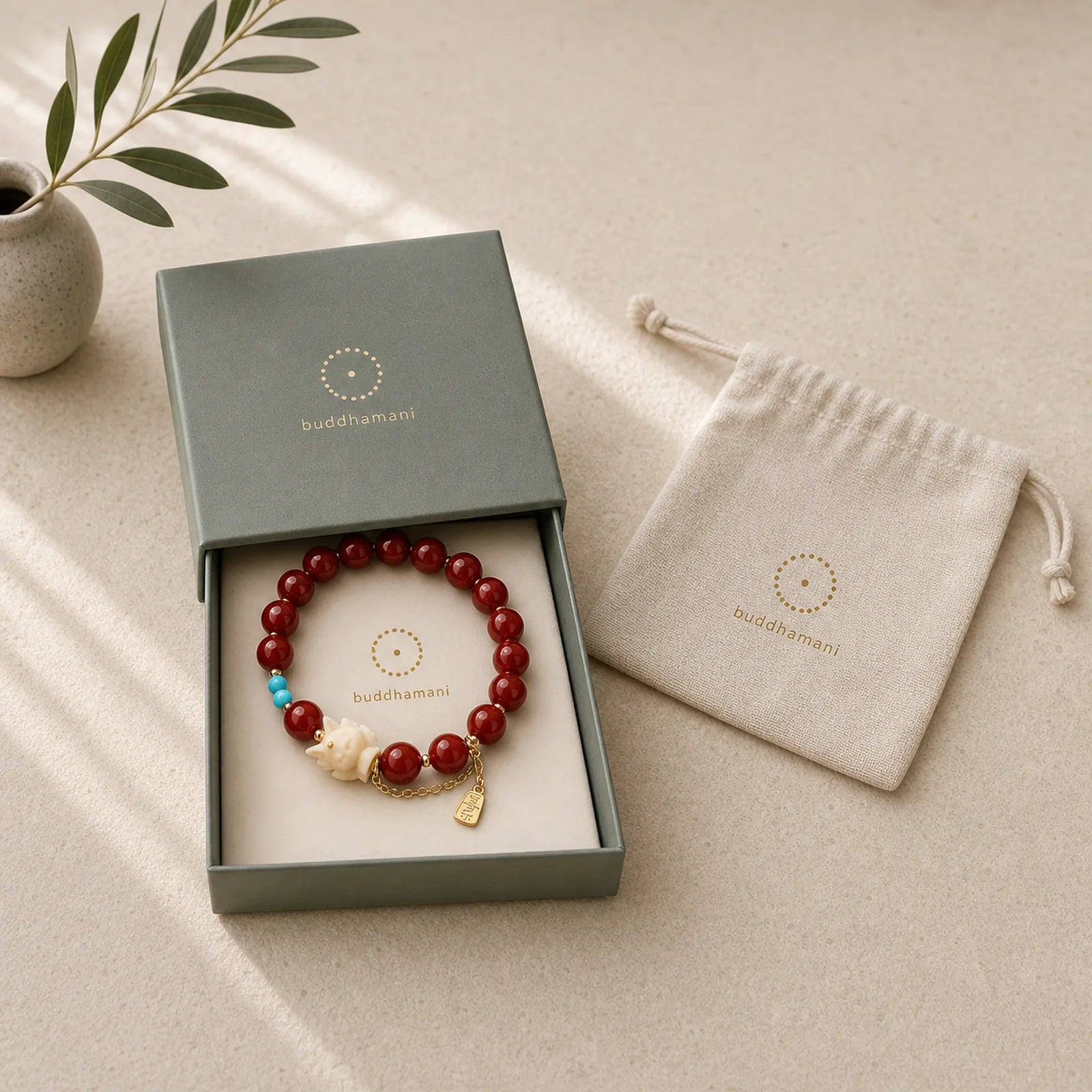 Nine Tailed Fox Joy Red Agate Ivory Fruit Copper Plated Gold Confidence Bracelet featuring Nine-Tailed Fox, Red Agate, Ivory Fruit