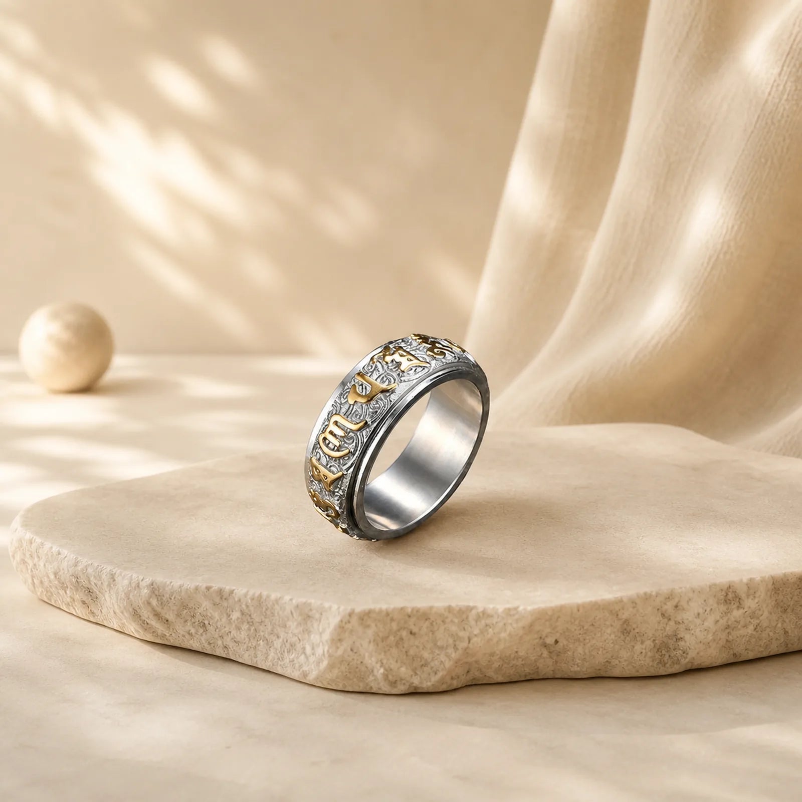 Om Mani Padme Hum Balance Calm Titanium Steel Ring featuring Om Mani Padme Hum, Om, Titanium Steel