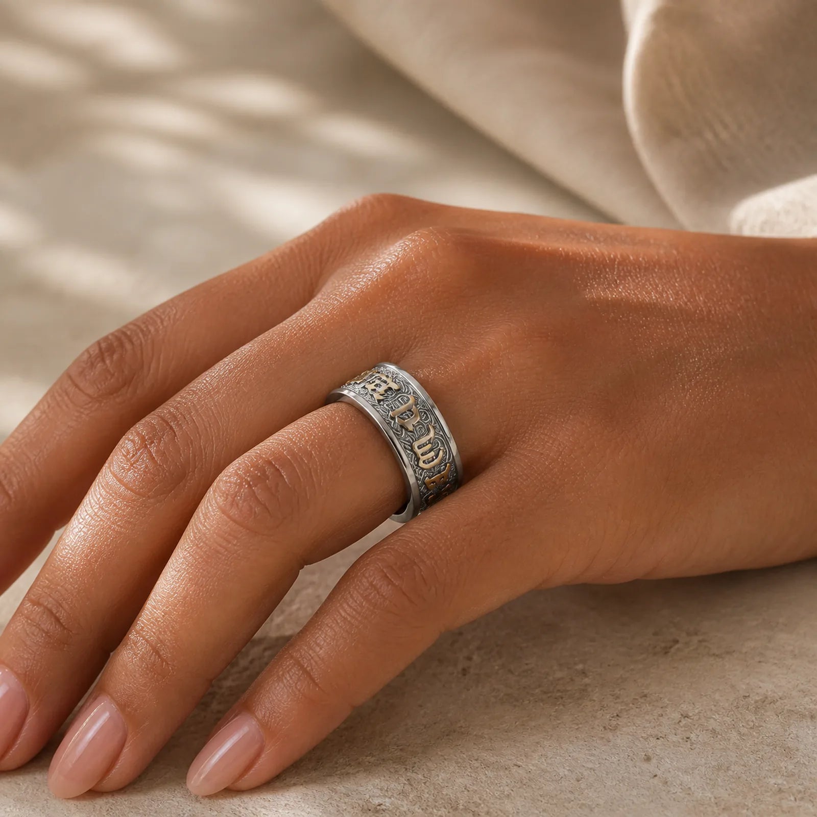 Om Mani Padme Hum Balance Calm Titanium Steel Ring featuring Om Mani Padme Hum, Om, Titanium Steel
