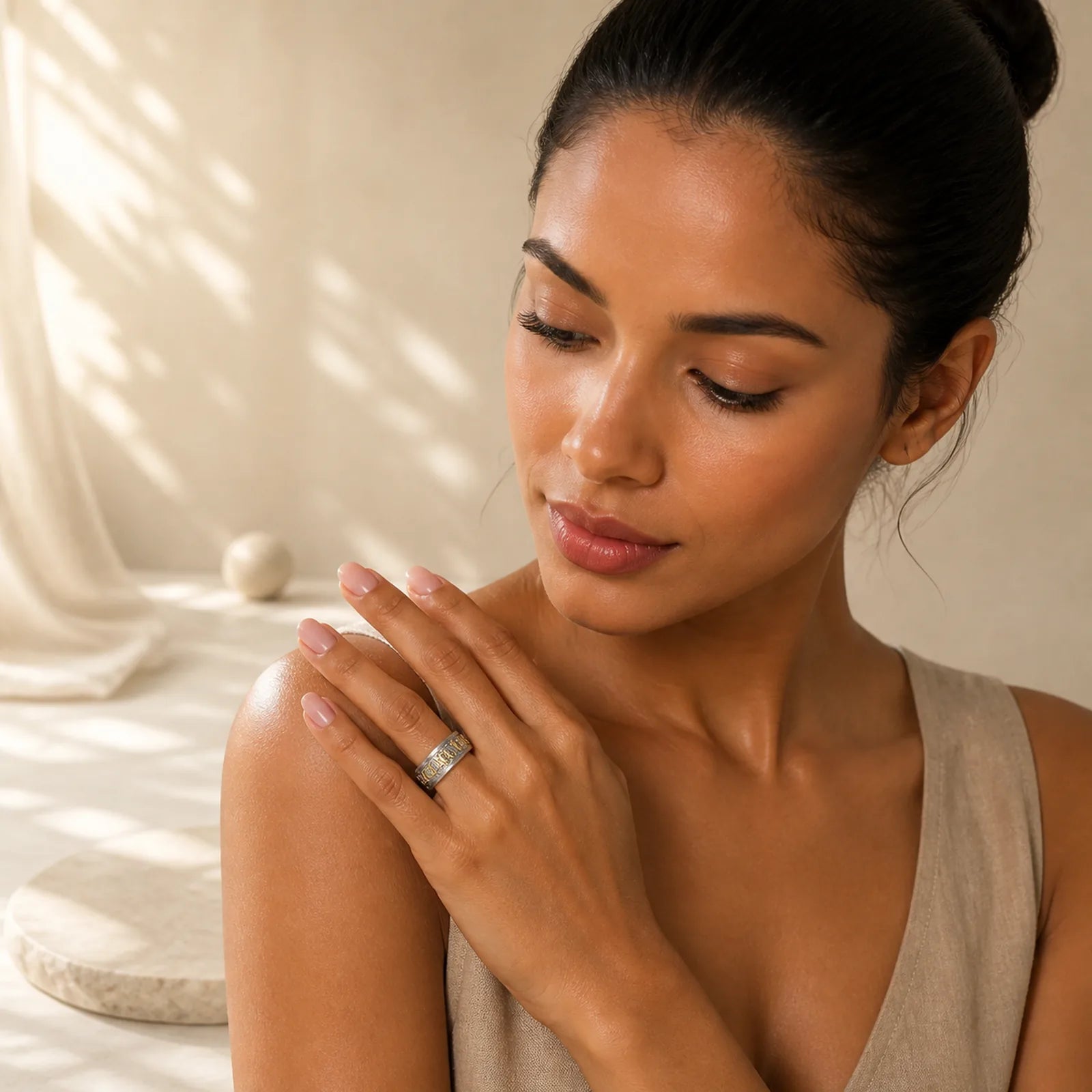 Om Mani Padme Hum Balance Calm Titanium Steel Ring featuring Om Mani Padme Hum, Om, Titanium Steel