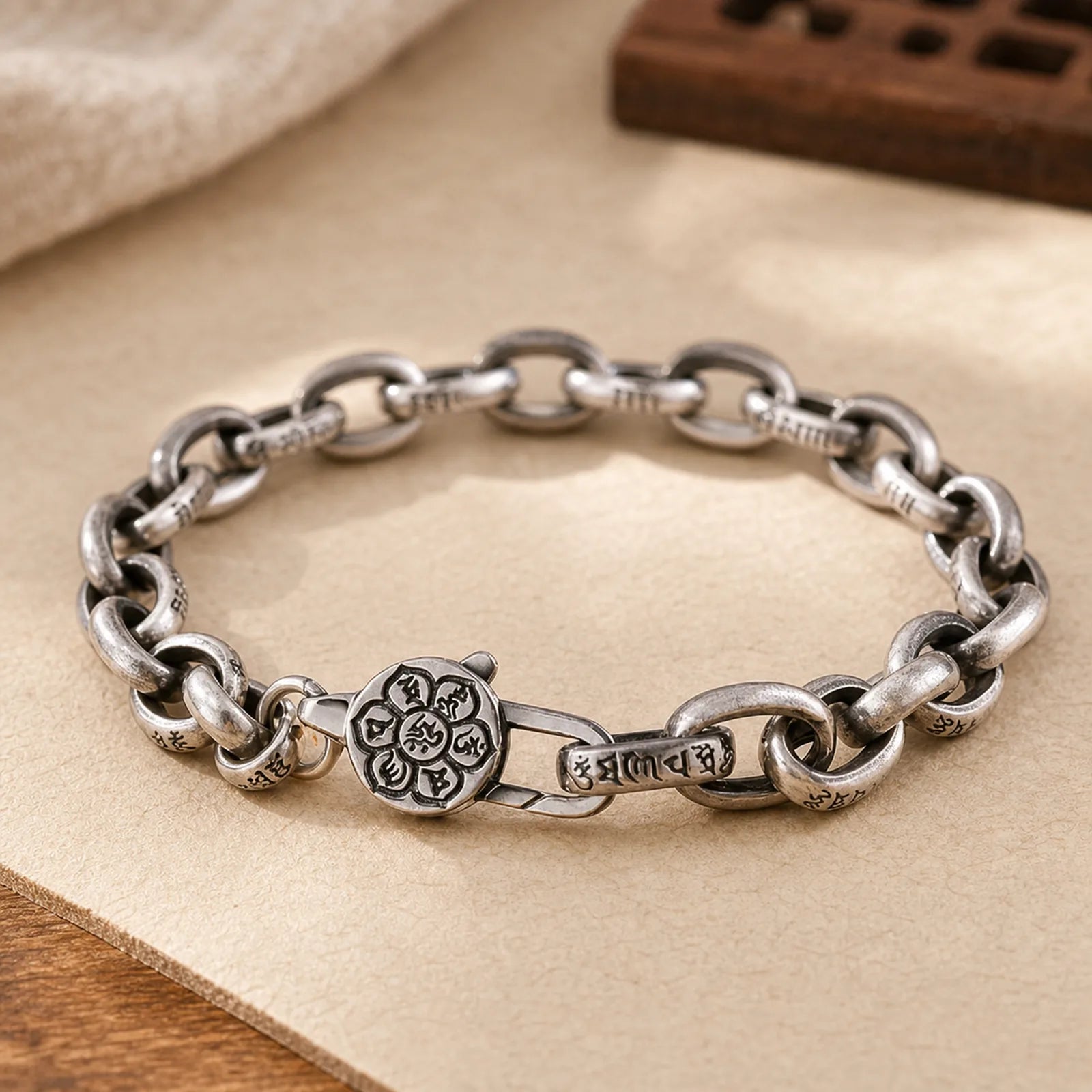 Om Mani Padme Hum Double Dorje Copper Engraved Wisdom Bracelet featuring Om Mani Padme Hum, Om, Copper