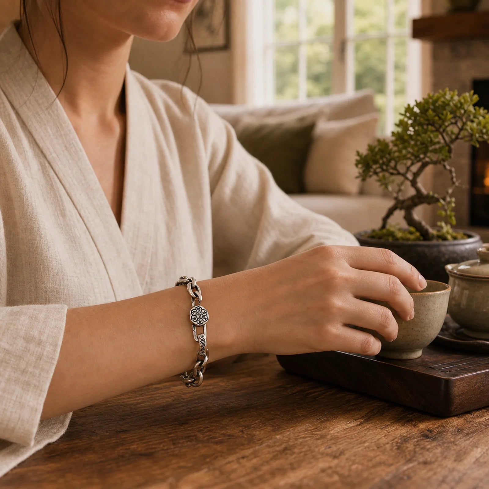 Om Mani Padme Hum Double Dorje Copper Engraved Wisdom Bracelet featuring Om Mani Padme Hum, Om, Copper