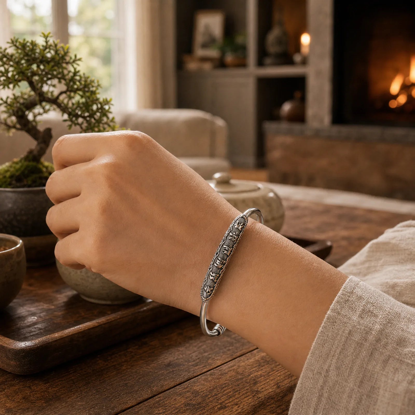 Om Mani Padme Hum Engraved Peace Cuff Bracelet Bangle featuring Om Mani Padme Hum, Om, Six True Words (Om Mani Padme Hum)