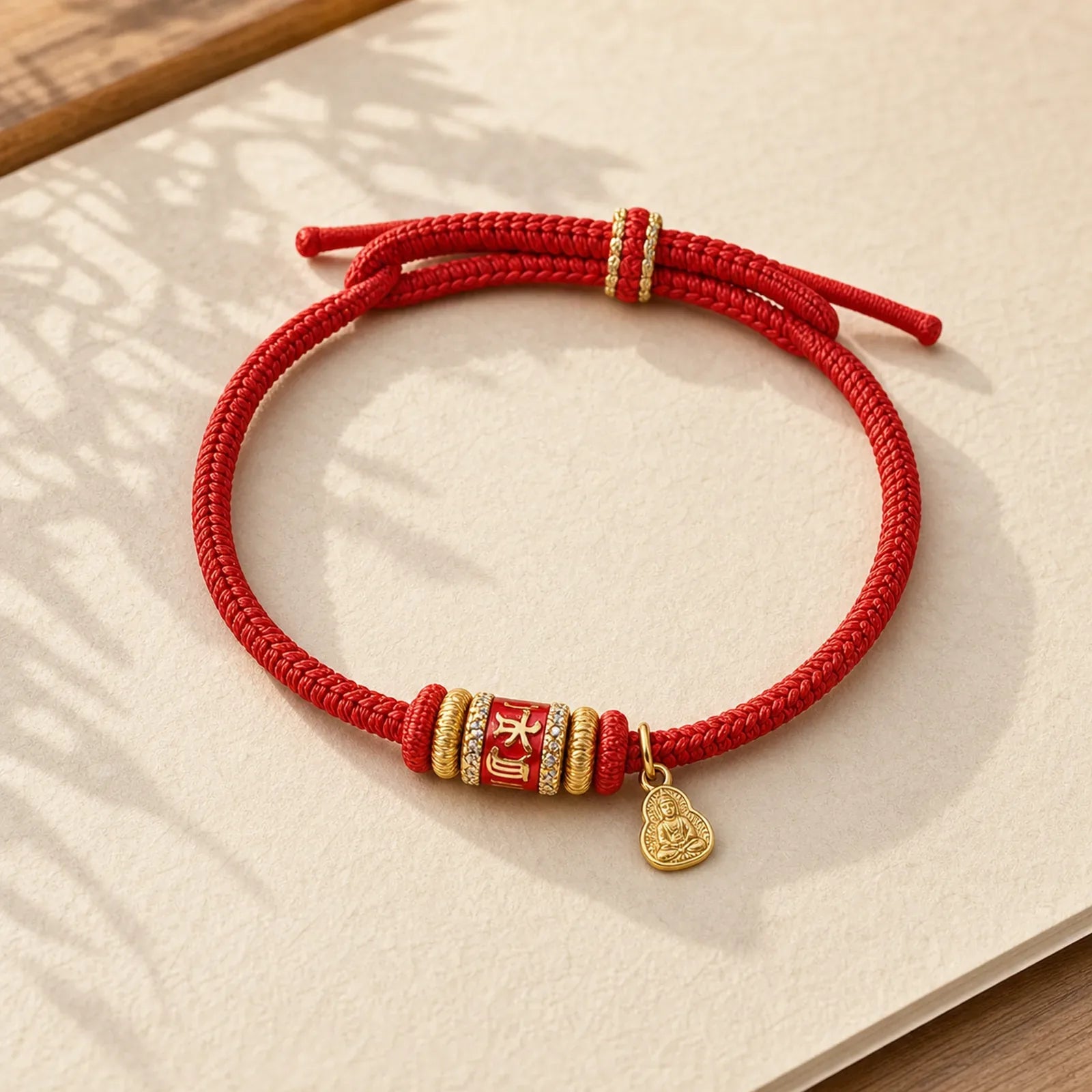 Om Mani Padme Hum Fu Character Copper Red String Luck Bracelet featuring Om Mani Padme Hum, Om, Fu Character