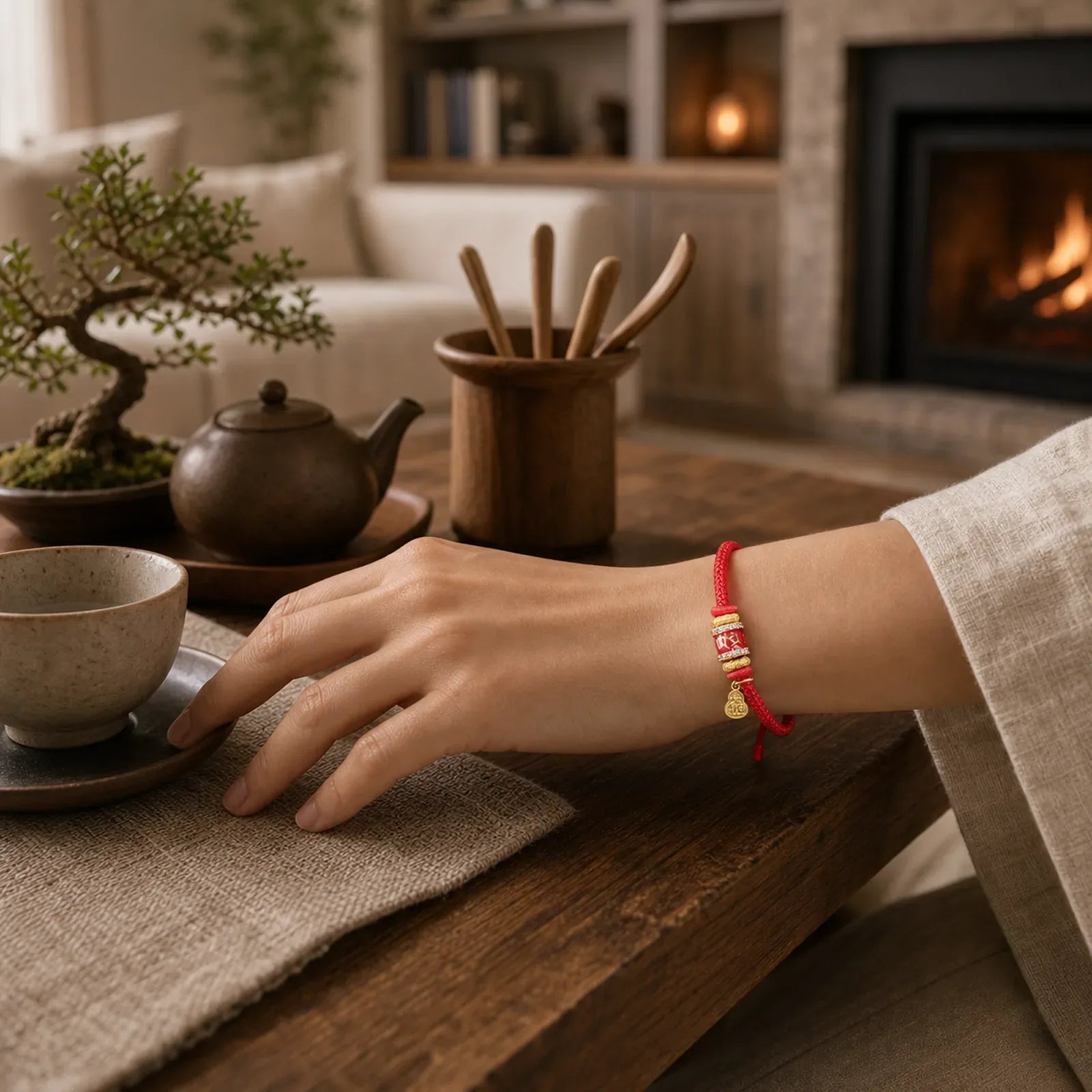 Om Mani Padme Hum Fu Character Copper Red String Luck Bracelet featuring Om Mani Padme Hum, Om, Fu Character