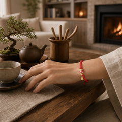 Om Mani Padme Hum Fu Character Copper Red String Luck Bracelet featuring Om Mani Padme Hum, Om, Fu Character