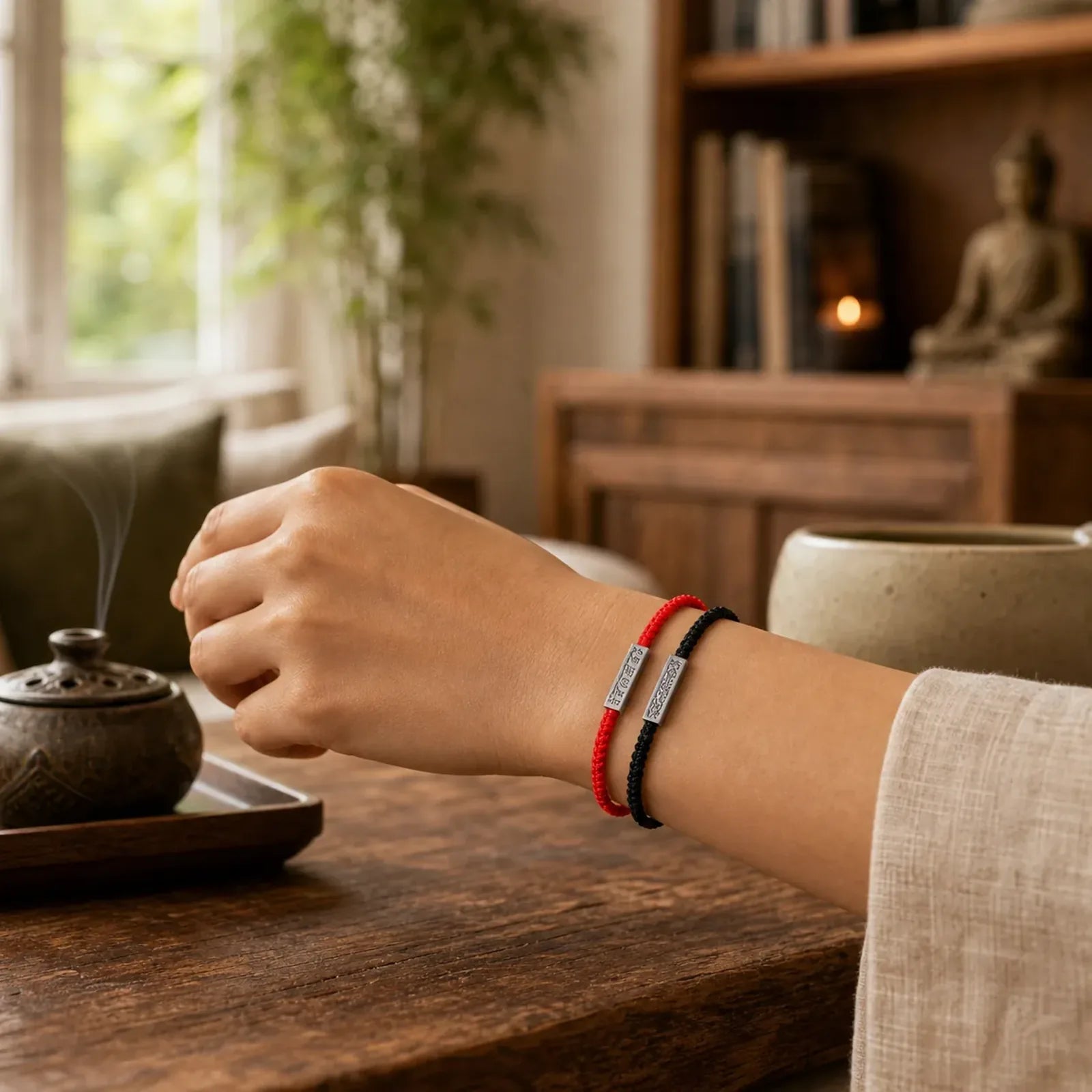 Om Mani Padme Hum Luck Protection Red String Bracelet featuring Om Mani Padme Hum, Om, Red String