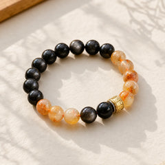 Om Mani Padme Hum Silver Sheen Obsidian Citrine Protection Bracelet featuring Om Mani Padme Hum, Om, Silver