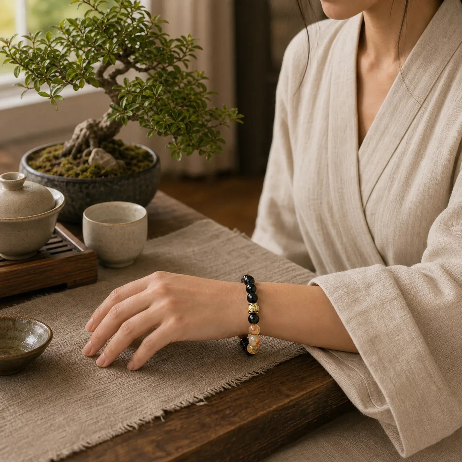 Om Mani Padme Hum Silver Sheen Obsidian Citrine Protection Bracelet featuring Om Mani Padme Hum, Om, Silver