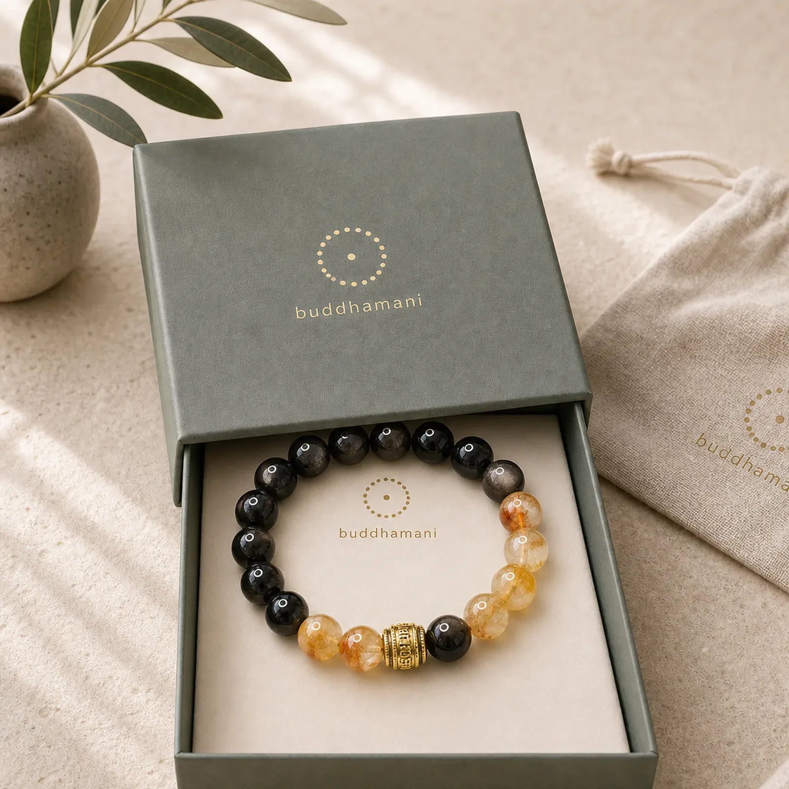 Om Mani Padme Hum Silver Sheen Obsidian Citrine Protection Bracelet featuring Om Mani Padme Hum, Om, Silver