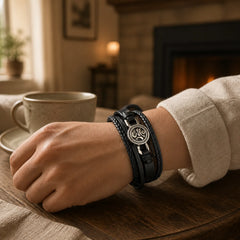 Om Round Engraved Multilayered Braided Retro Leather Bracelet featuring Om
