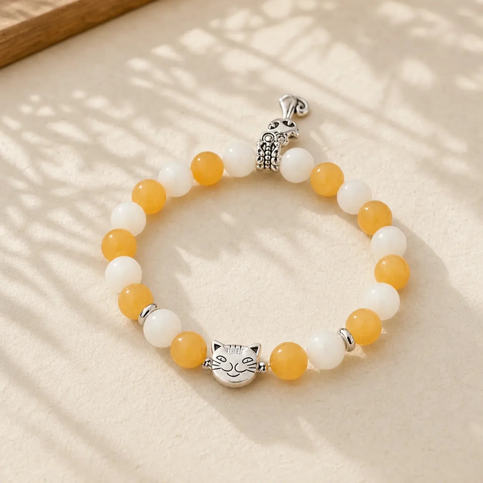 Orange White Tabby Cat Yellow Chalcedony White Chalcedony Peace Bracelet featuring Yellow Chalcedony, Chalcedony
