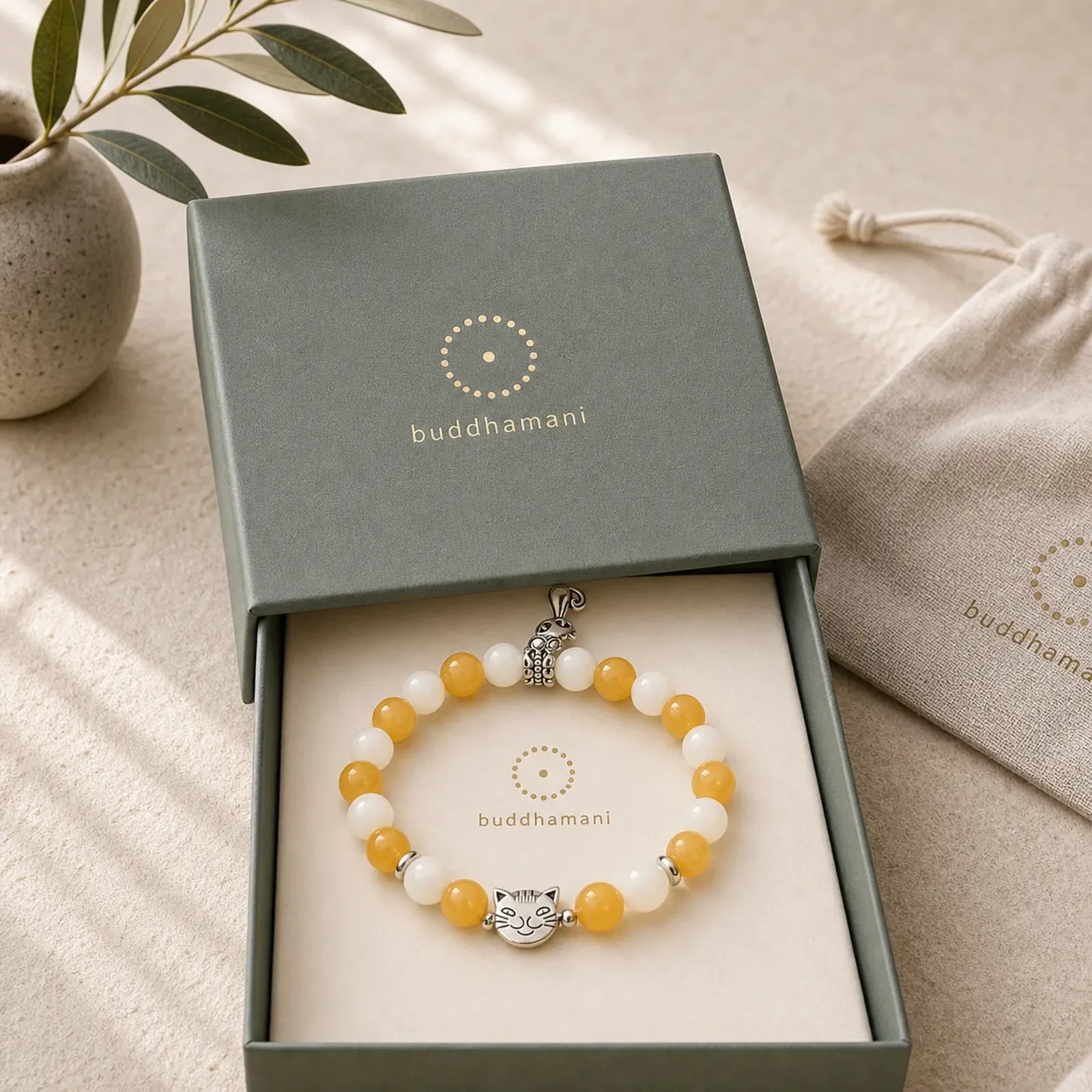 Orange White Tabby Cat Yellow Chalcedony White Chalcedony Peace Bracelet featuring Yellow Chalcedony, Chalcedony