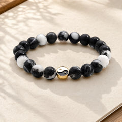 Orca Agate Yin Yang Harmony Round Bead Bracelet featuring Orca Agate, Chalcedony, Yin Yang Symbol