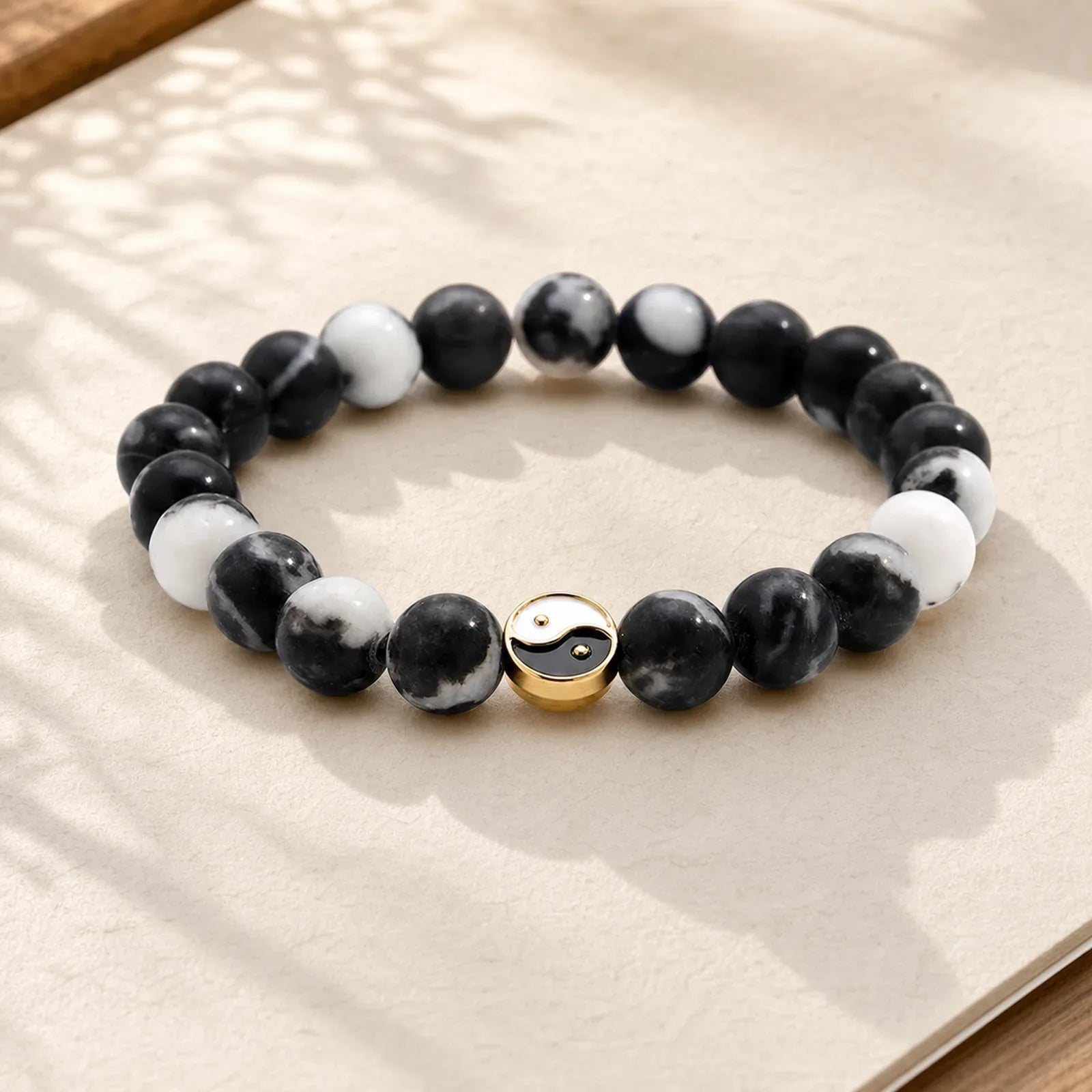 Orca Agate Yin Yang Harmony Round Bead Bracelet featuring Orca Agate, Chalcedony, Yin Yang Symbol