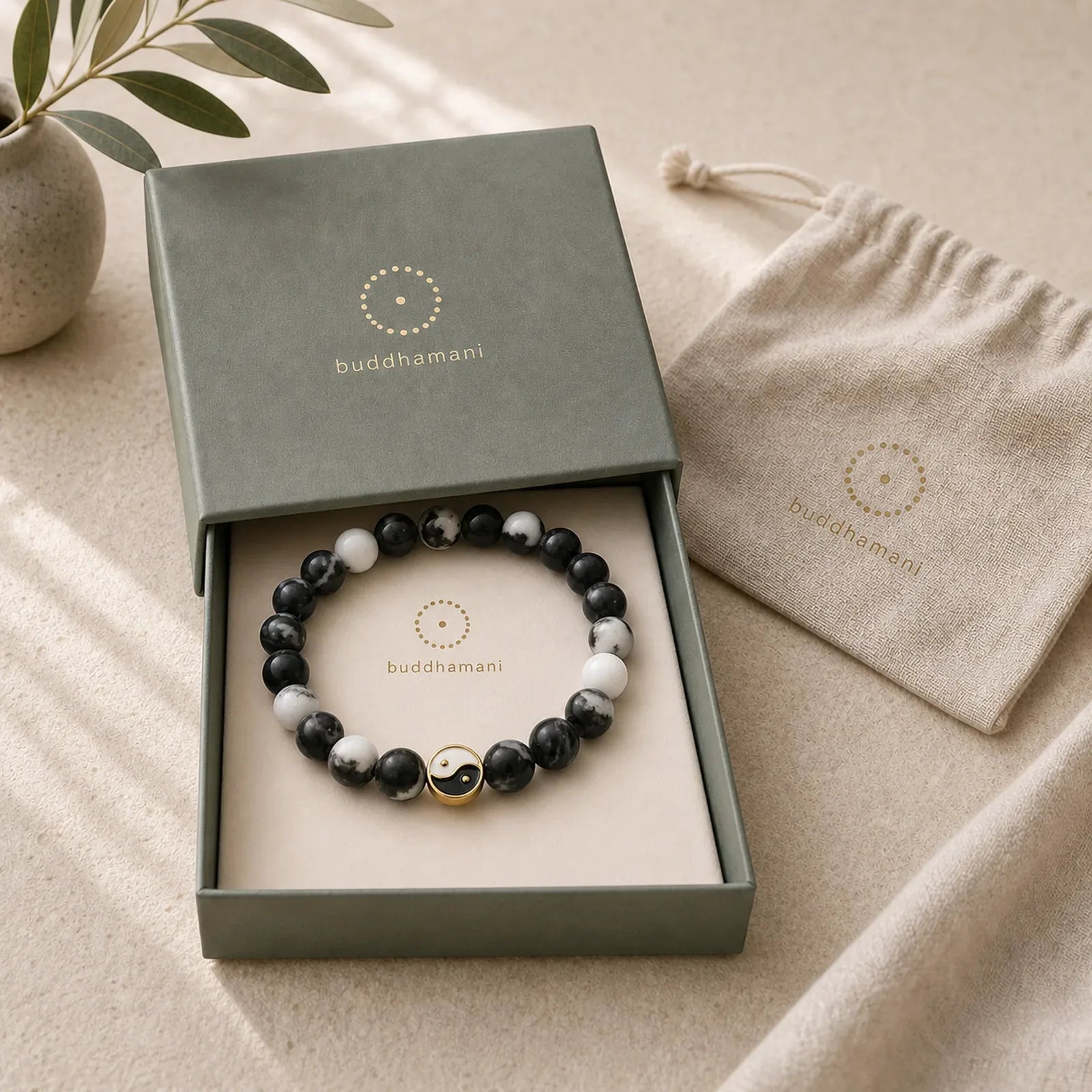 Orca Agate Yin Yang Harmony Round Bead Bracelet featuring Orca Agate, Chalcedony, Yin Yang Symbol