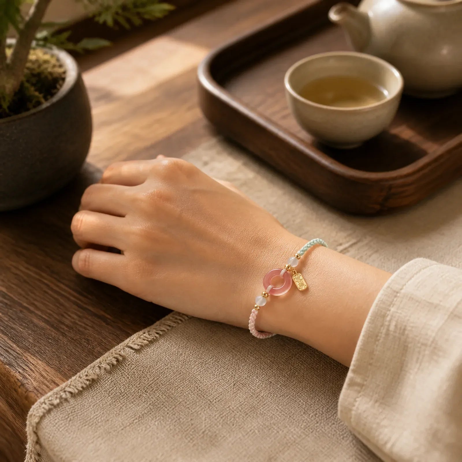Peace And Joy Agate Peace Buckle Auspicious Handmade Braided Bracelet featuring Peace Buckle, Copper