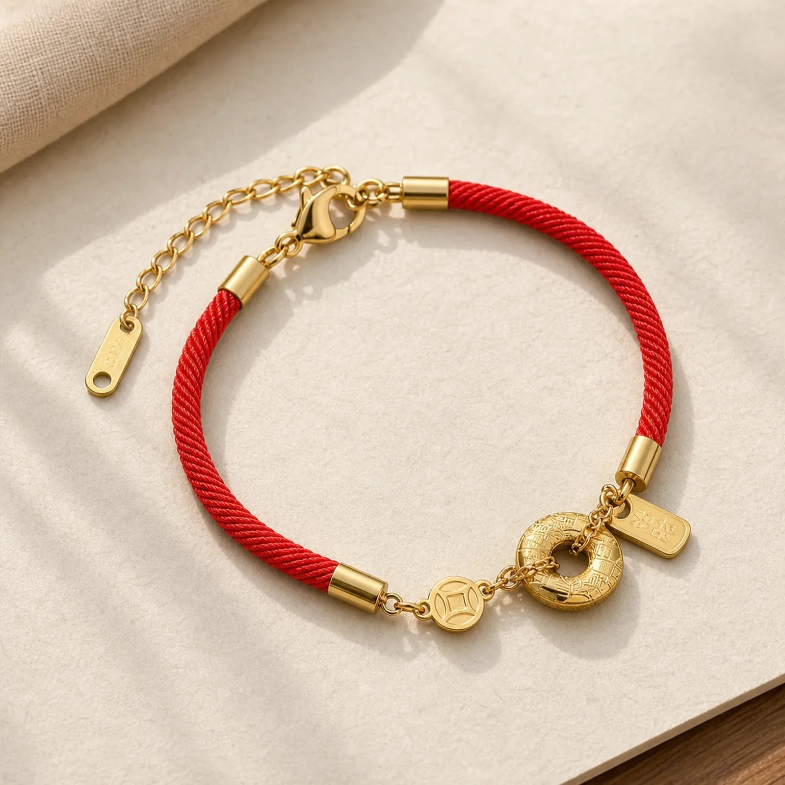Peace Buckle Attract Fortune Charm Titanium Steel Red String Connection Bracelet featuring Peace Buckle, Titanium Steel, Red String