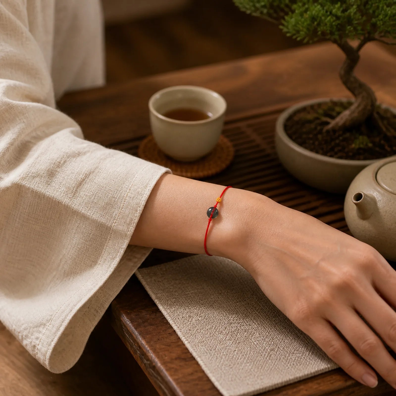 Peace Buckle Copper Coins Jade Red String Connection Bracelet Anklet featuring Peace Buckle, Copper, Jade