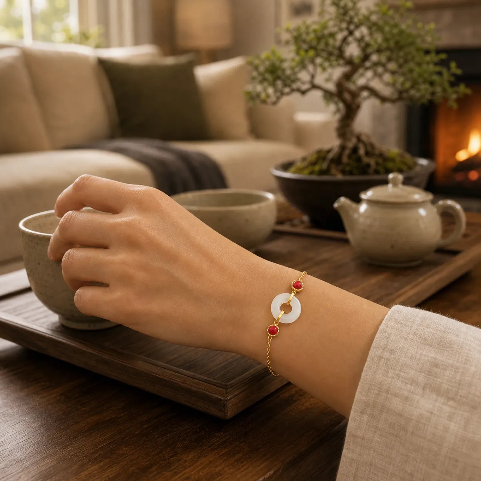 Peace Buckle Hetian White Jade Copper Plated Gold Protection Bracelet featuring Peace Buckle, White Jade, Jade