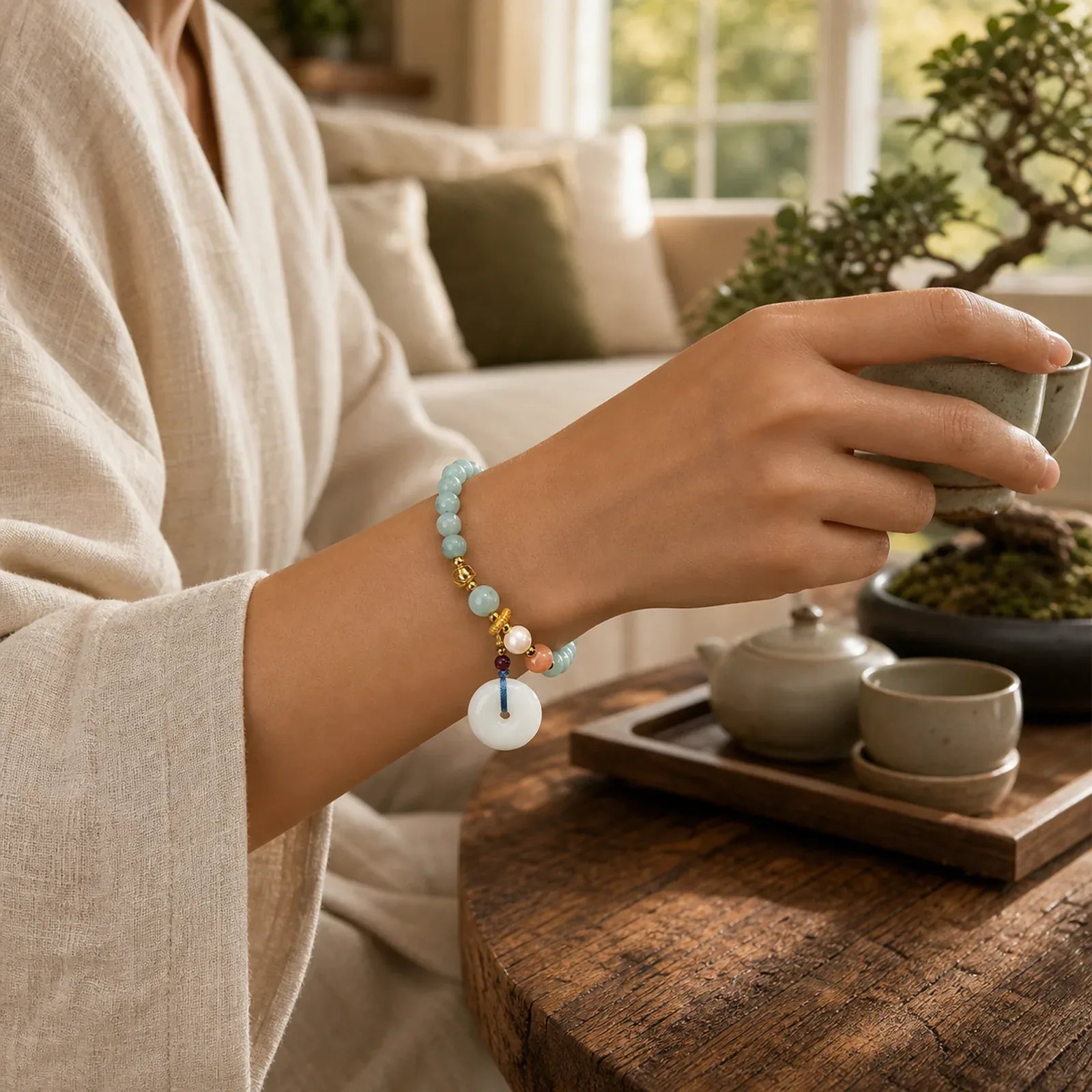 Peace Buckle Jade Round Beaded Luck Auspicious Bracelet featuring Peace Buckle, Jade, Copper