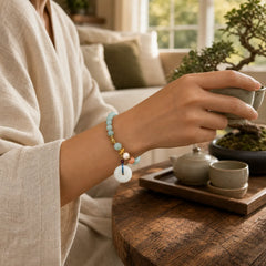 Peace Buckle Jade Round Beaded Luck Auspicious Bracelet featuring Peace Buckle, Jade, Copper